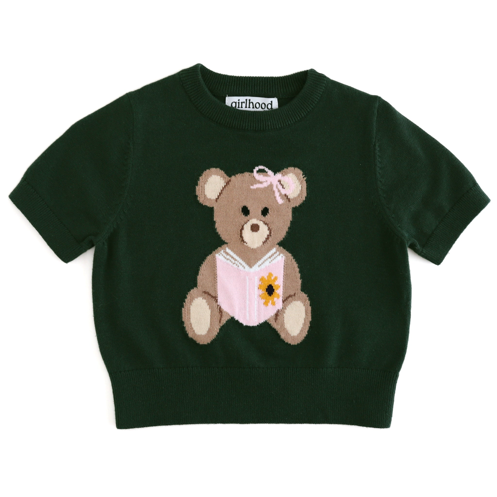 girls' deep green short sleeve sweater with book reading bear design for back to school