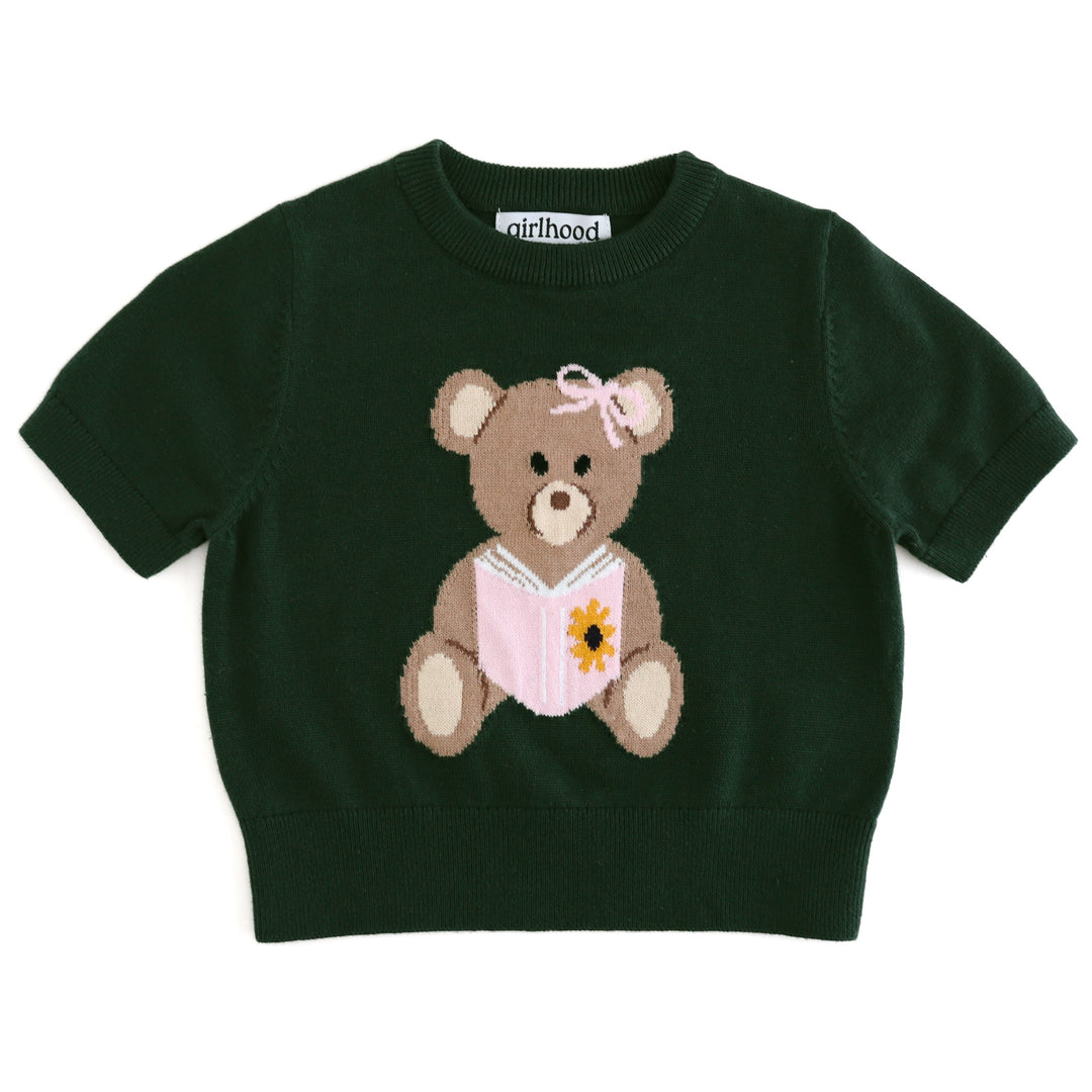 girls' deep green short sleeve sweater with book reading bear design for back to school