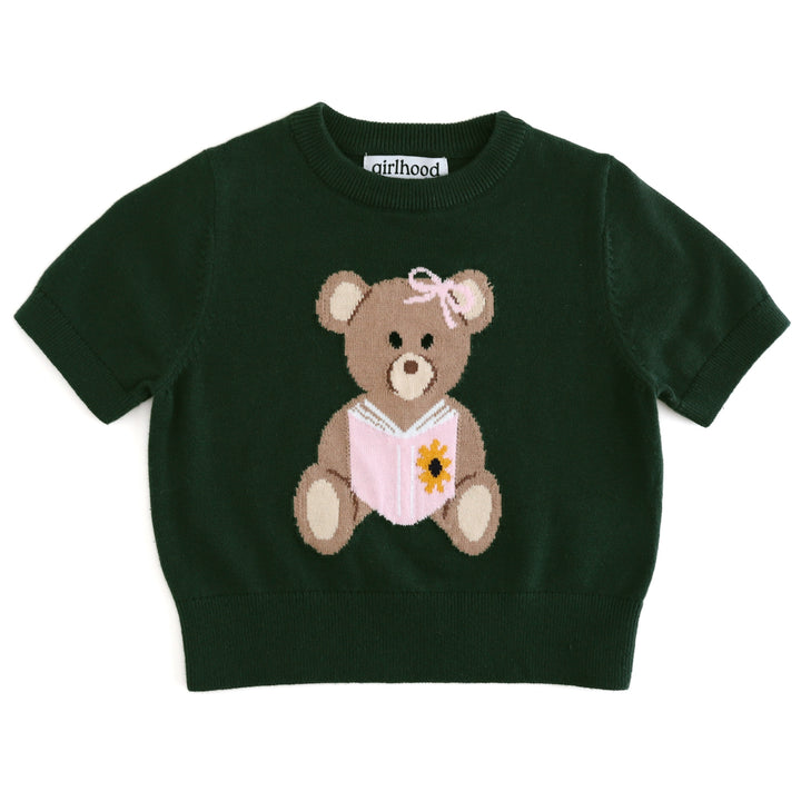 girls' deep green short sleeve sweater with book reading bear design for back to school
