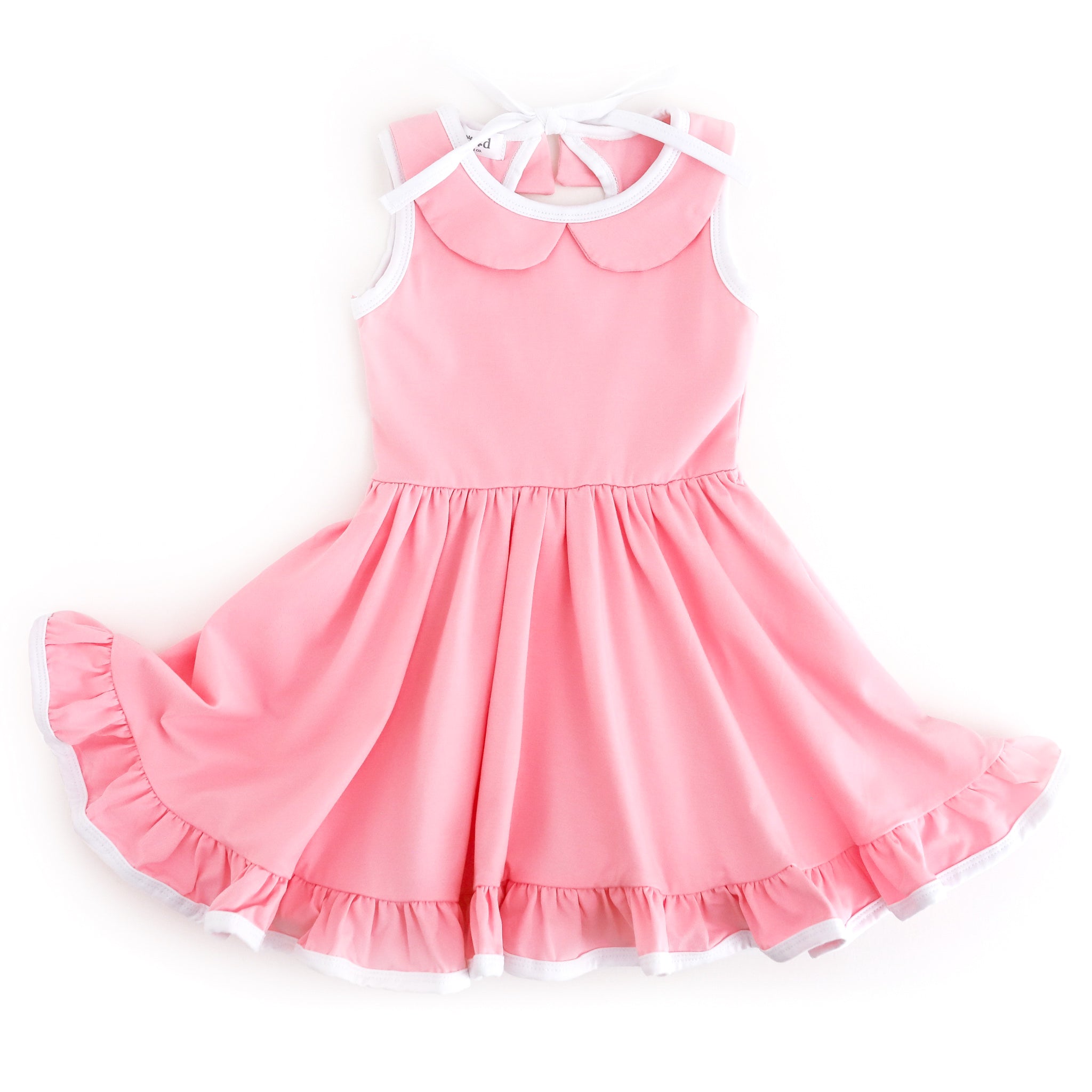 girls' pastel pink sleeveless twirl dress with peter pan collar and white trim for summer