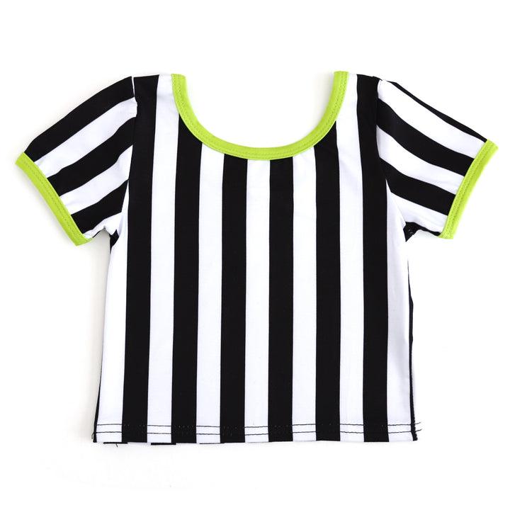 girls' fitted black and white striped t-shirt with bright green trim for Beetlejuice inspired mix and match