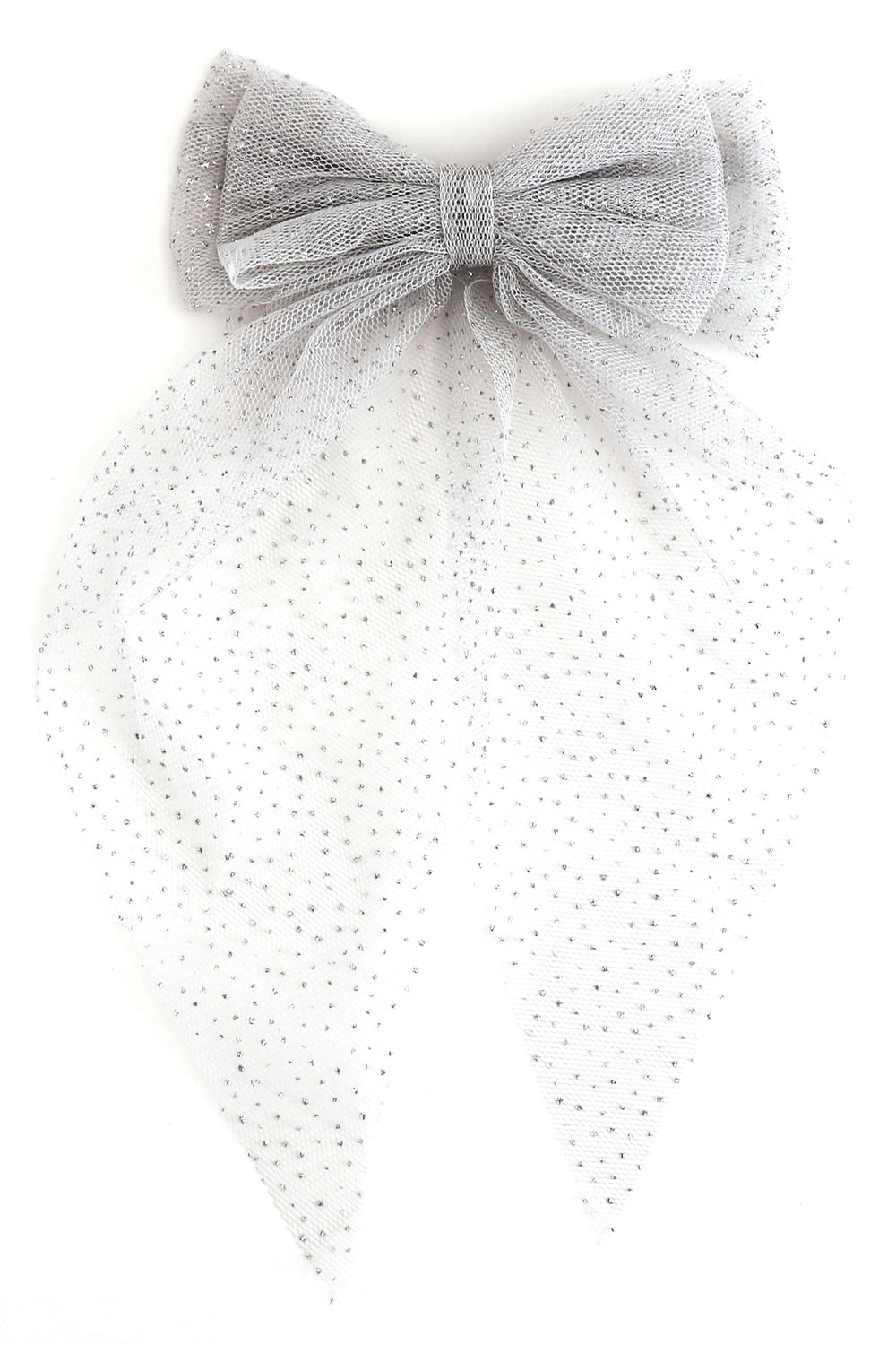 sparkly silver tulle hair bow photographed on plain white background