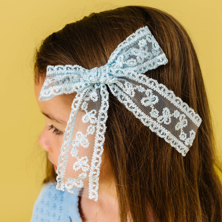 girls' sky blue lace bow on alligator clip for spring