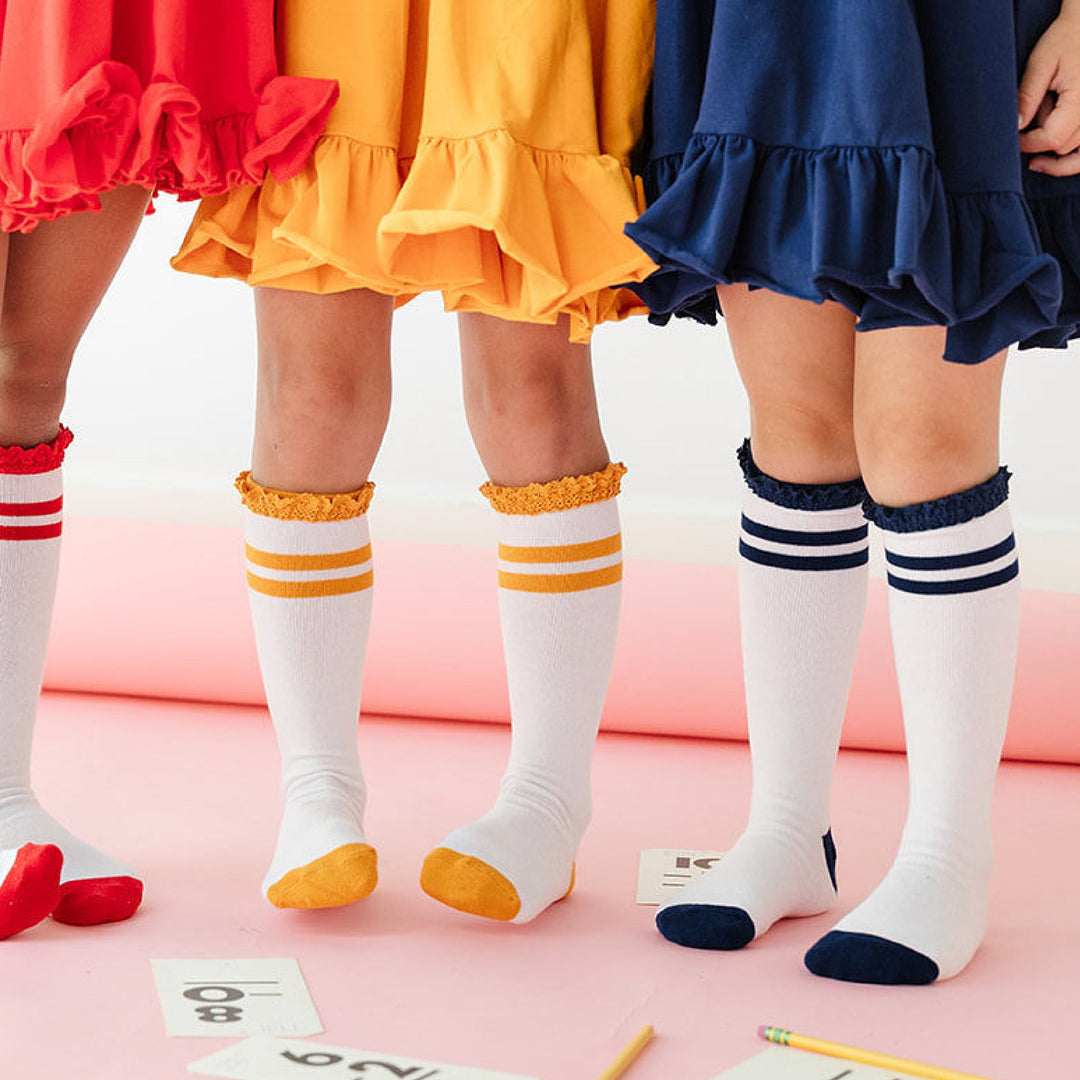 Bright Navy Striped Lace Top Knee High Socks