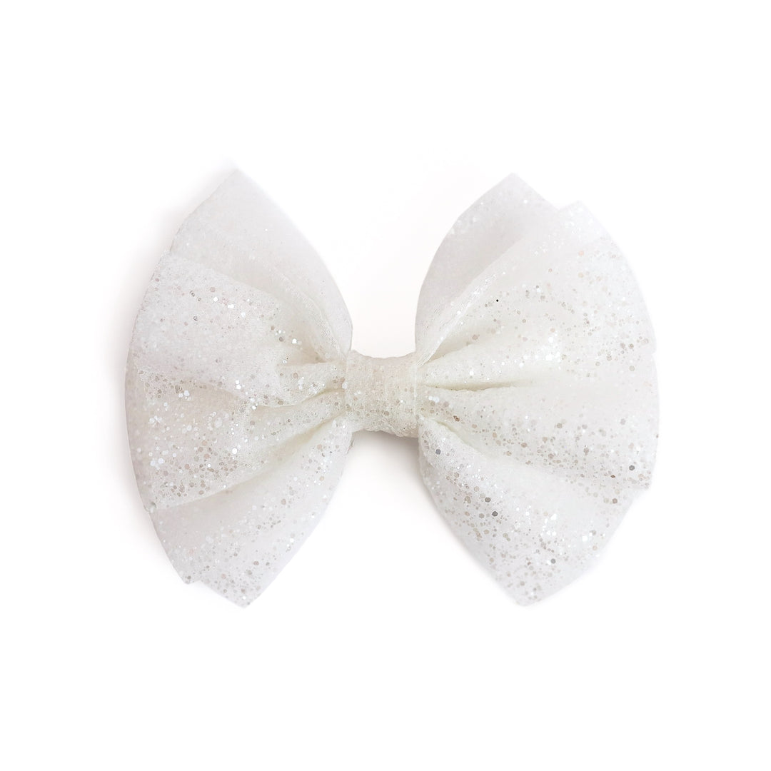 white tutu bow with sparkles on clip