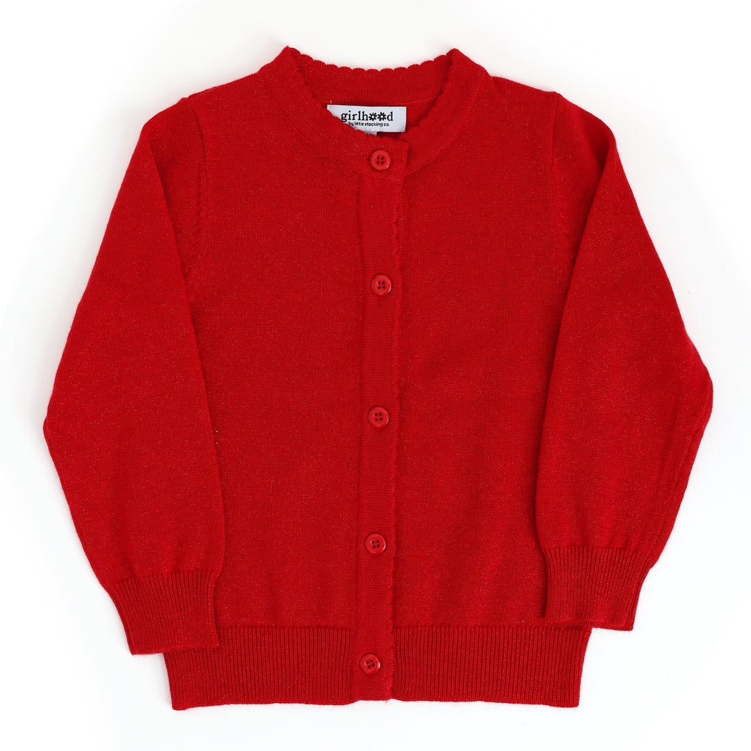 girls sparkly red knit cardigan with scallop detail