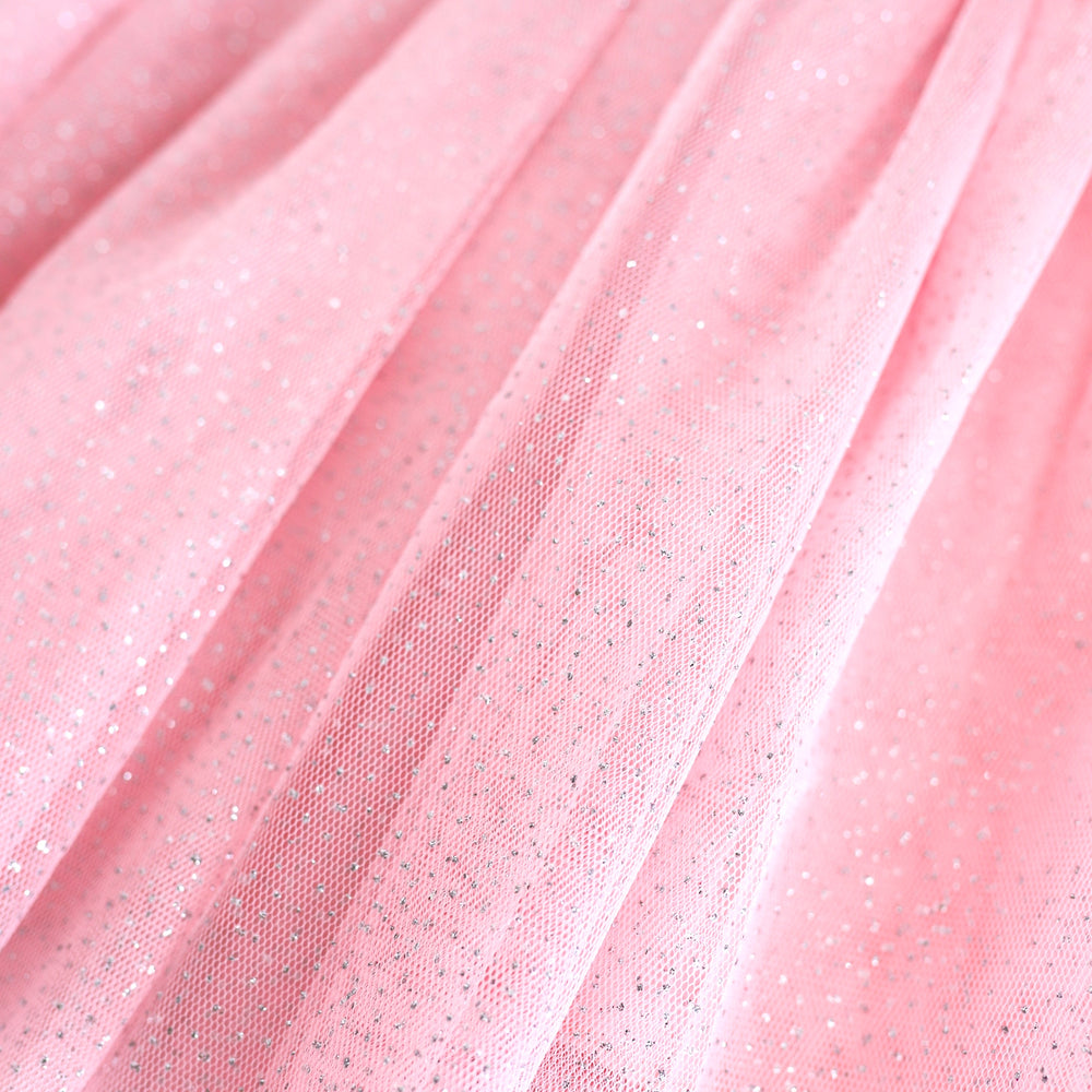 closeup of pink tulle skirt with silver sparkles