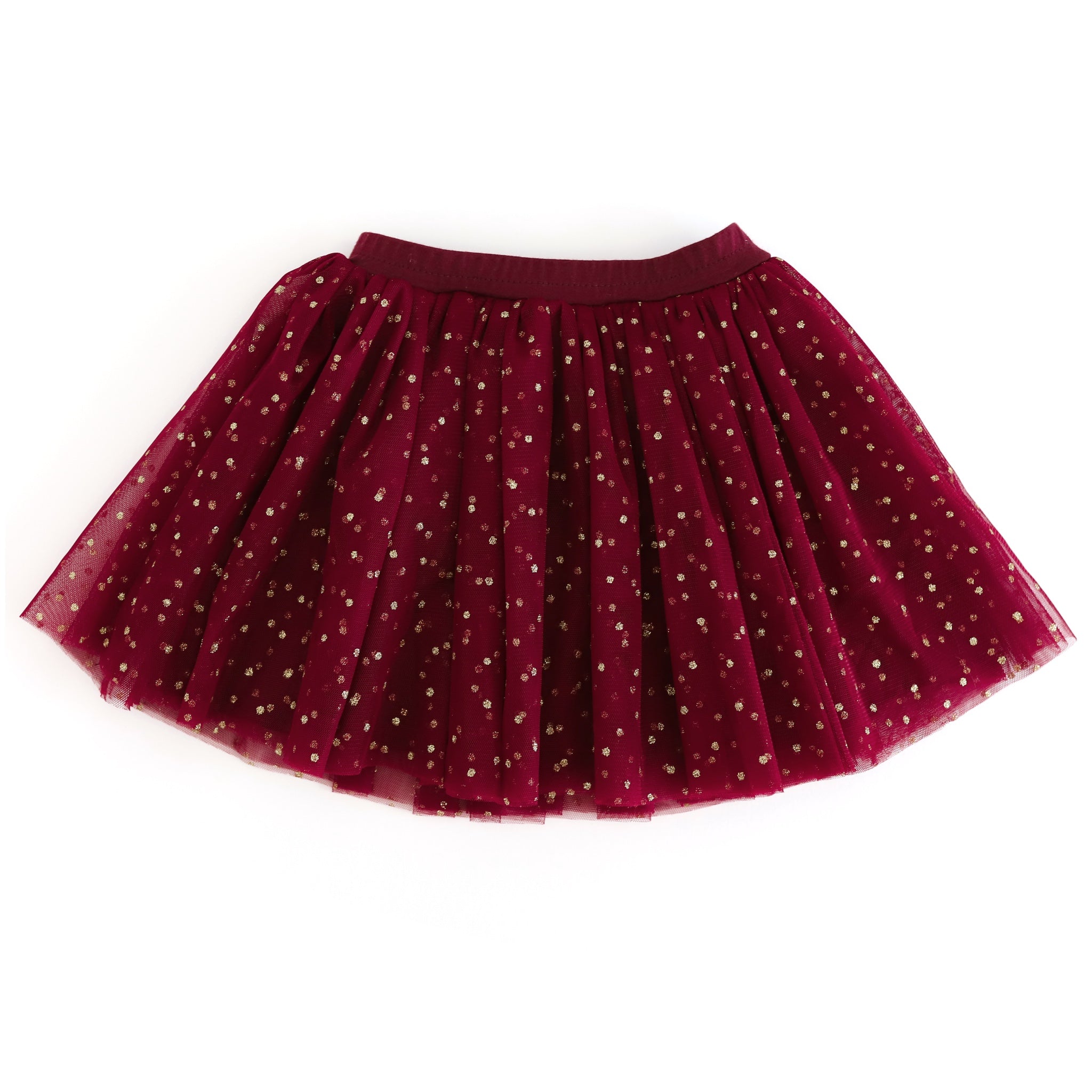 girls' crimson tulle Christmas party skirt with sparkly gold dots
