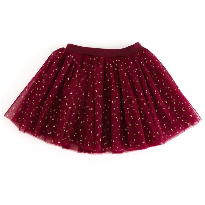 girls' crimson tulle Christmas party skirt with sparkly gold dots