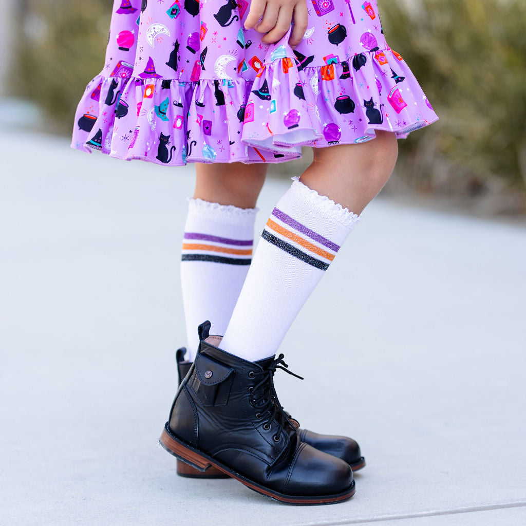 girls halloween stripe knee high socks with witch print dress