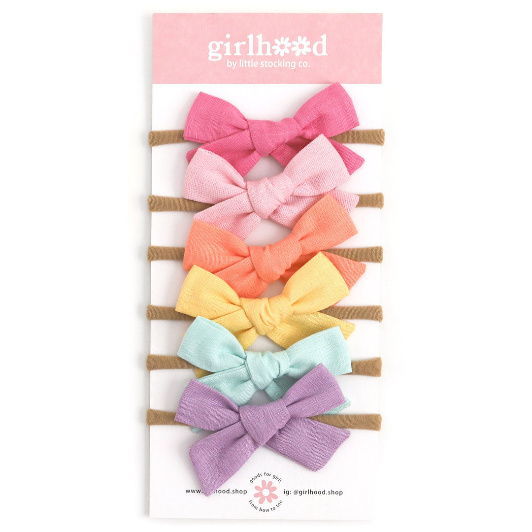 baby bow gift set of 6 linen bows in hot pink, light pink, creamsicle, sunshine yellow, aqua blue and light purple