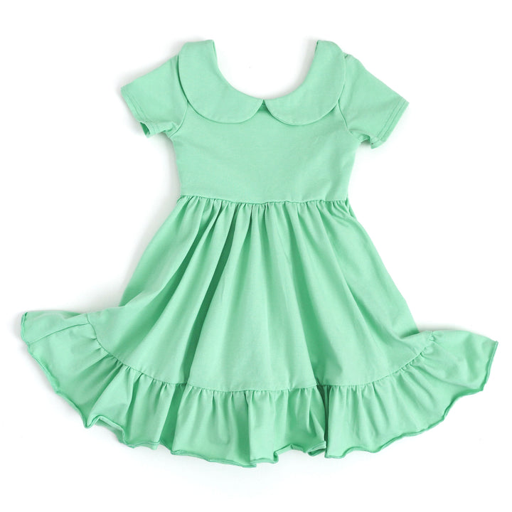 spring green girls cotton twirl dress with peter pan collar and pockets