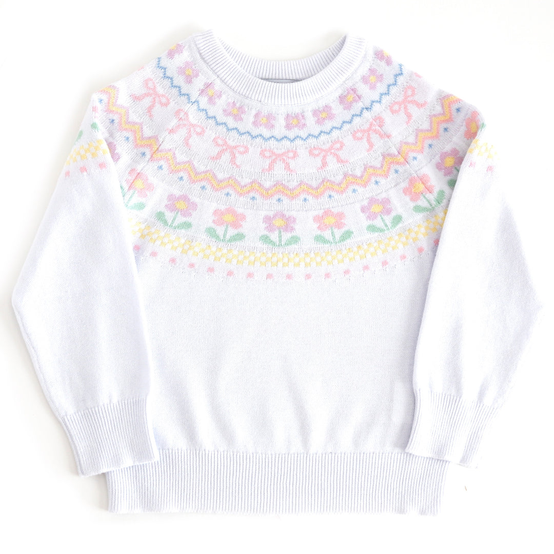 girls' cotton knit pullover cardigan in white with dainty spring floral and bow fair isle pattern at the neck