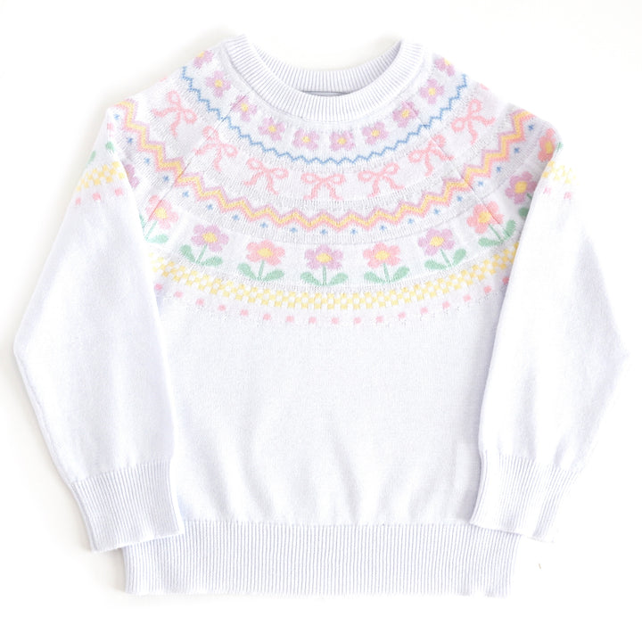 girls' cotton knit pullover cardigan in white with dainty spring floral and bow fair isle pattern at the neck