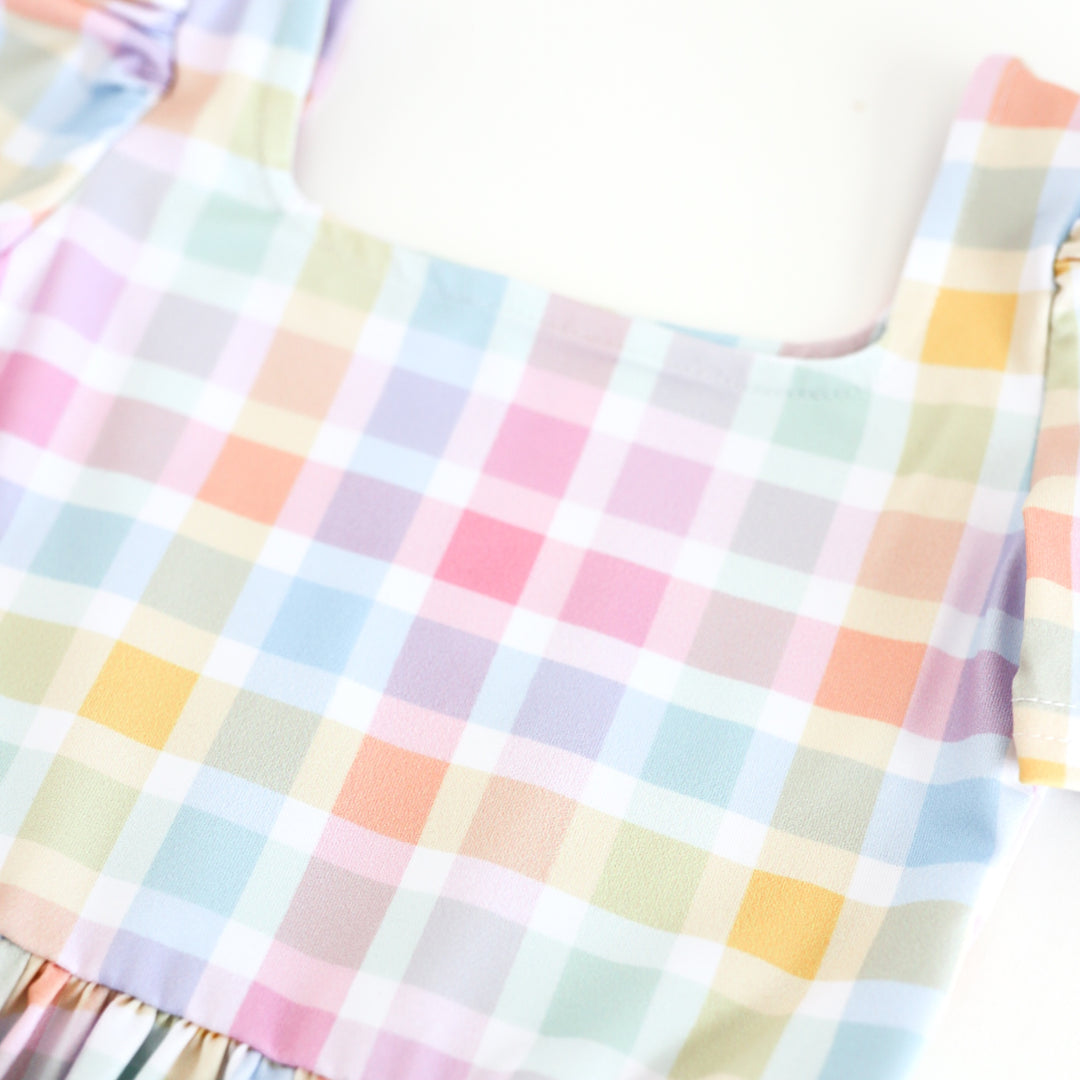 closeup of gingham print in spring pastels for girls' spring and Easter outfit