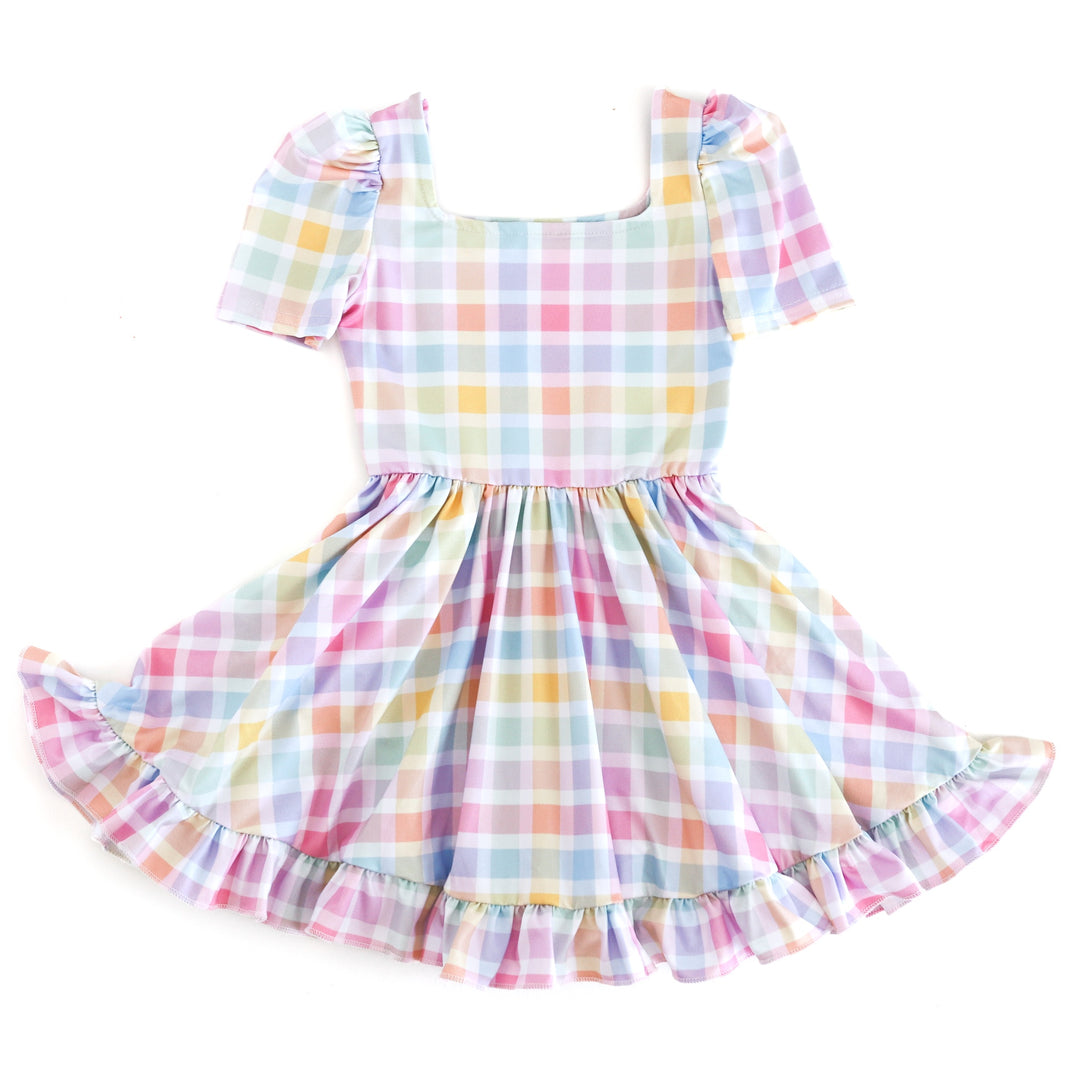 girls' spring gingham print twirl dress in a rainbow of pastel colors featuring square neckline, short, puffed sleeves and ruffle trim