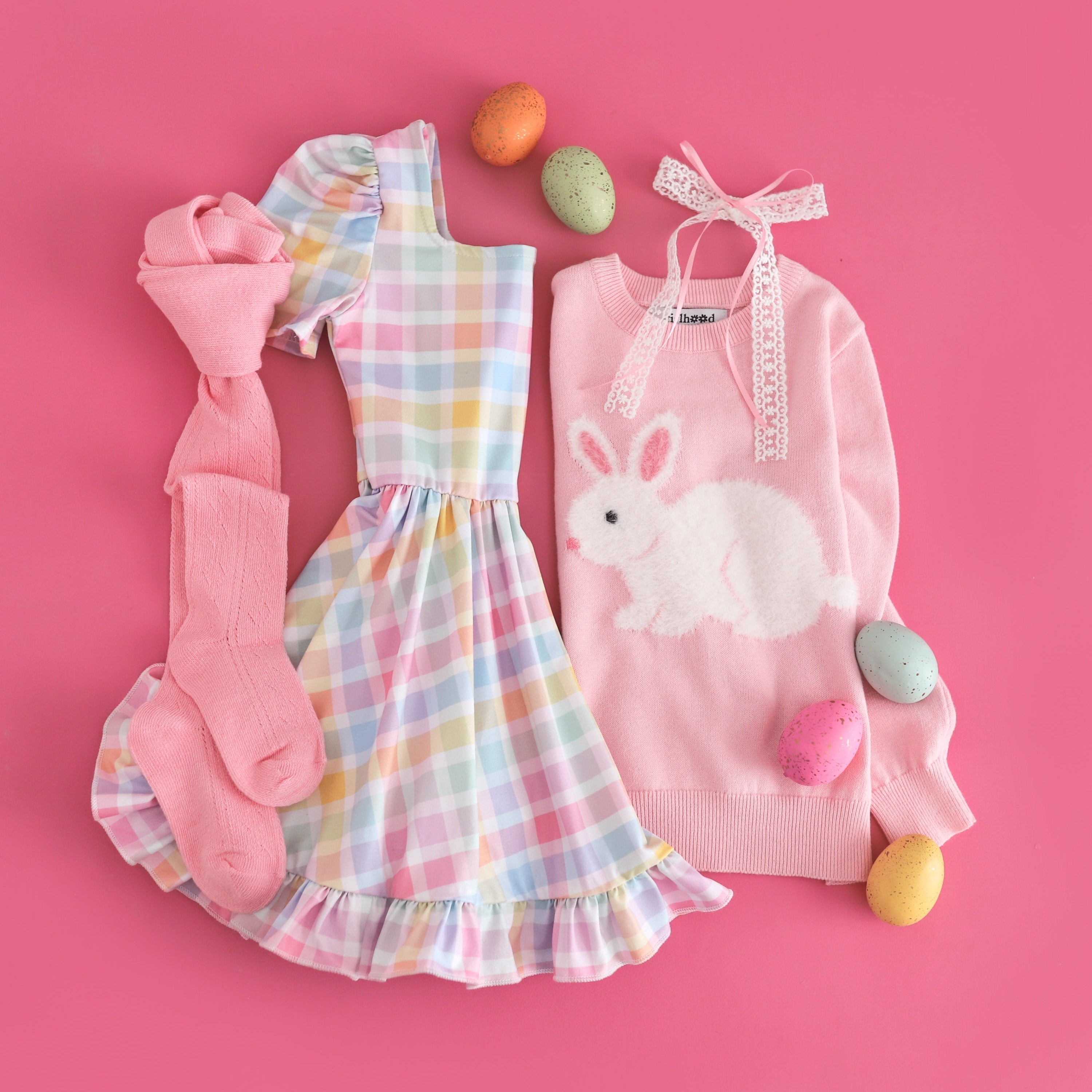 girls's spring gingham Easter dress with pink fluffy bunny sweater and matching pink tights and bow