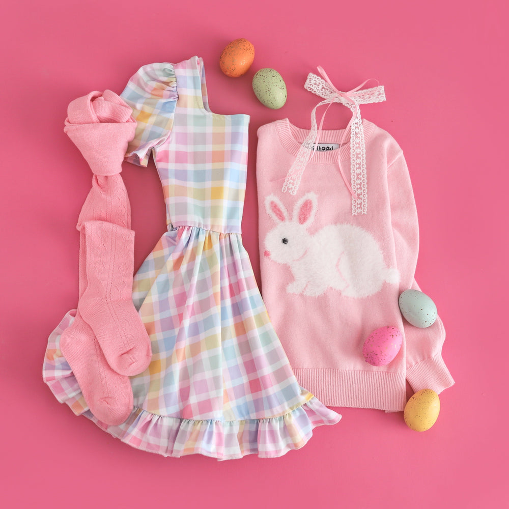 girls's spring gingham Easter dress with pink fluffy bunny sweater and matching pink tights and bow