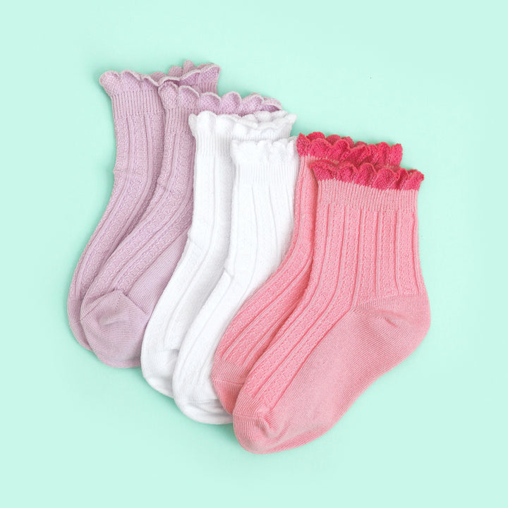 girl's midi socks with scalloped trim in lilac, white and two tone pink