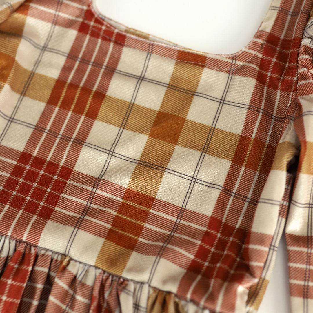 detail of vanilla base fall plaid velvet twirl dress for girls