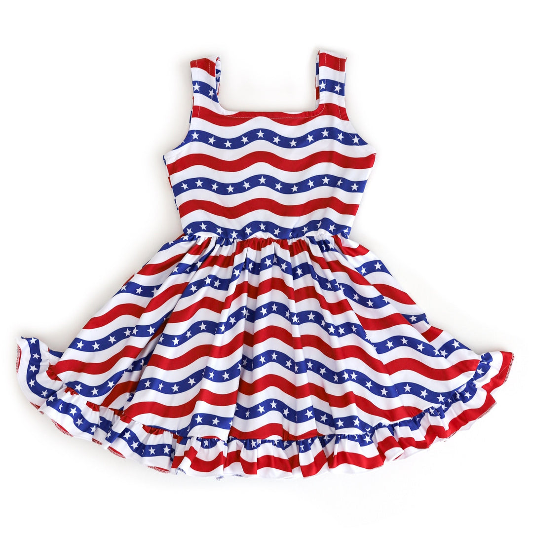 red, white and blue stars and stripes 4th of july dress for girls