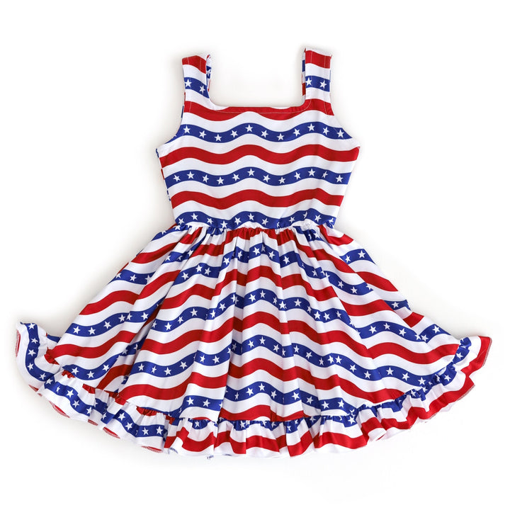 red, white and blue stars and stripes 4th of july dress for girls