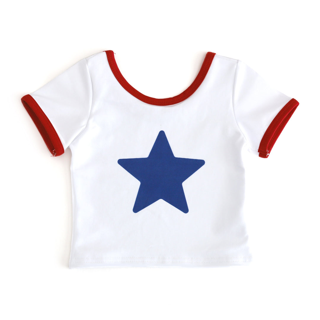 little girls scoop neck white fitted tee with red trim and blue star design for 4th of July