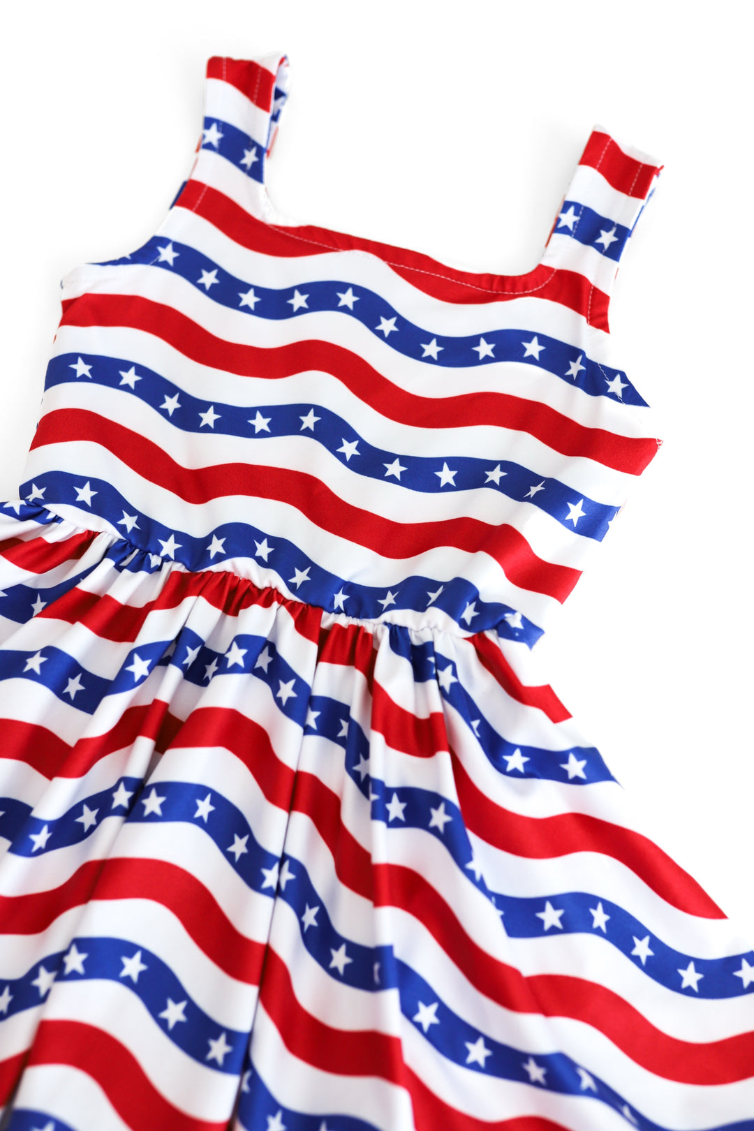 detail photo of girls red white and blue stars and stripes sleeveless dress for fourth of july