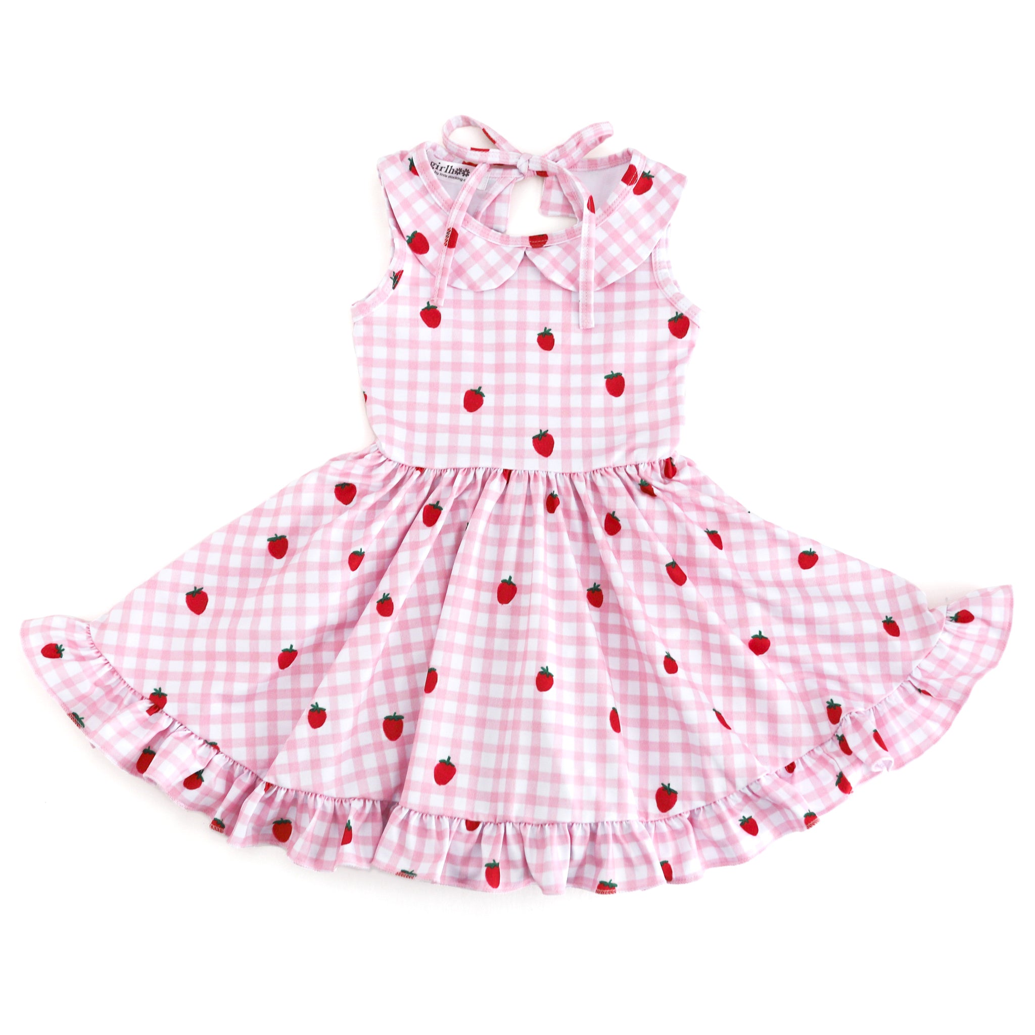 girls' pink and white gingham and strawberry print sleeveless twirl dress with peter pan collar