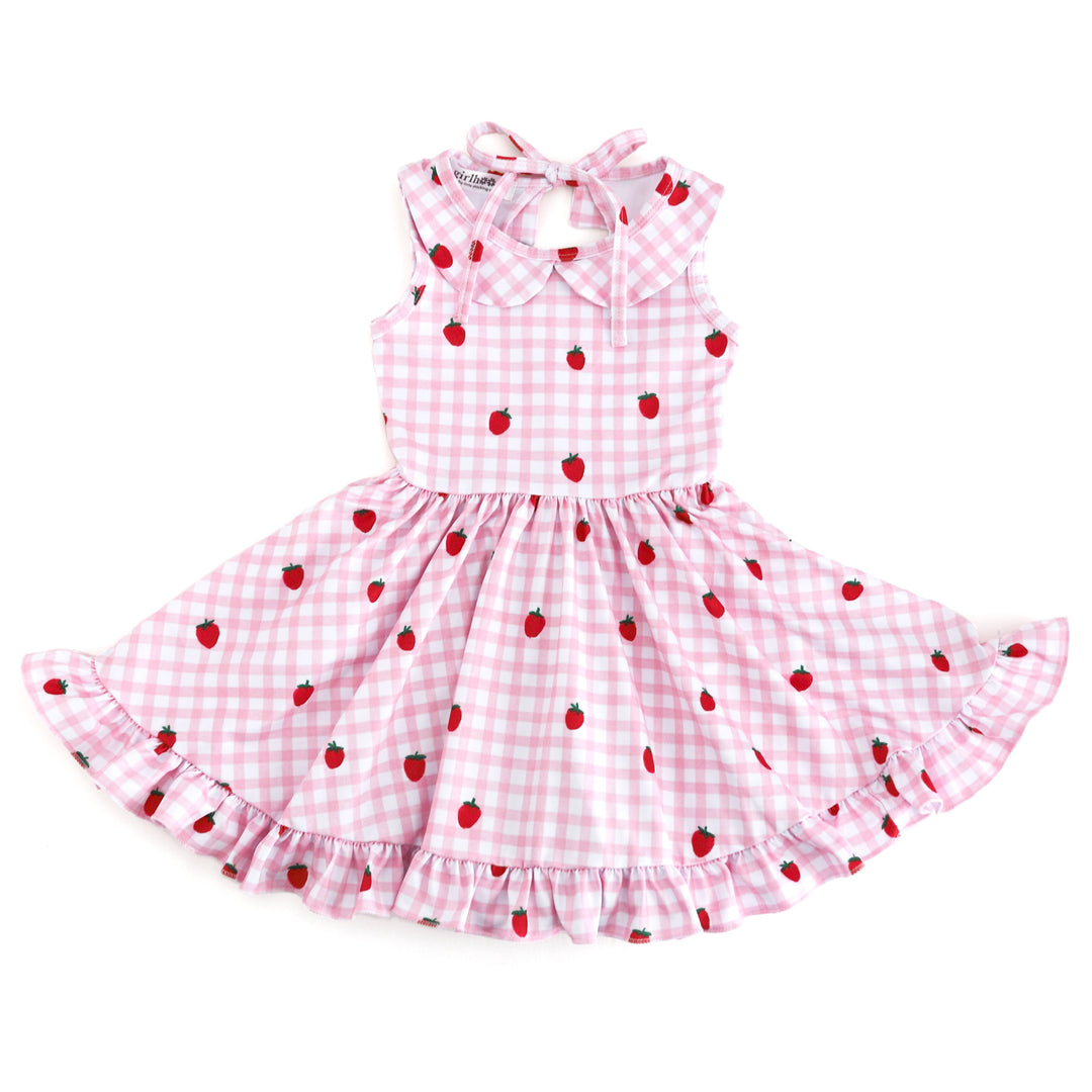 girls' pink and white gingham and strawberry print sleeveless twirl dress with peter pan collar