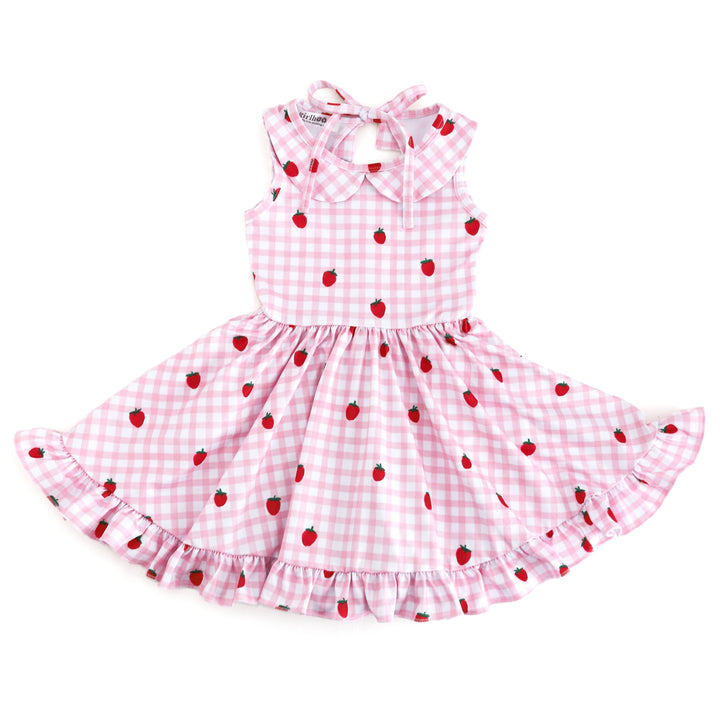 girls' pink and white gingham and strawberry print sleeveless twirl dress with peter pan collar