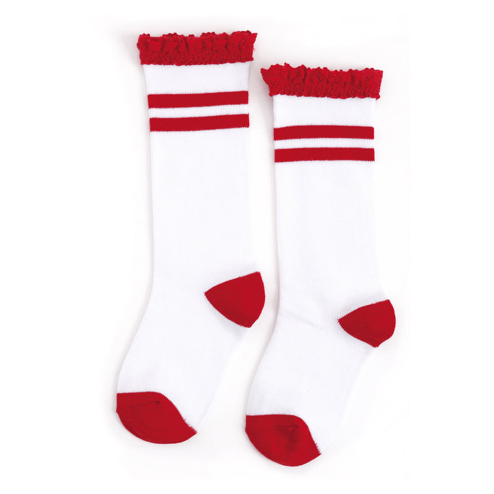 girls' back to school red striped lace top knee high socks 