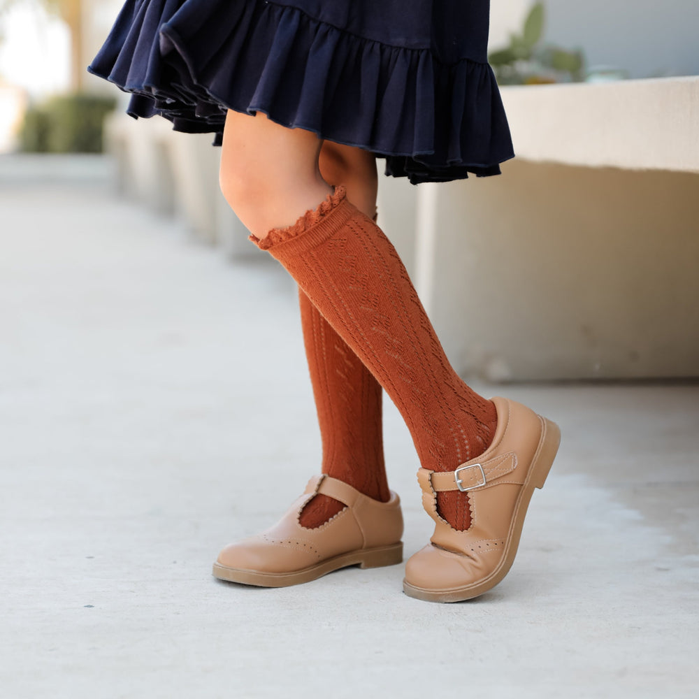 warm brown fancy crochet knit knee high socks for girls
