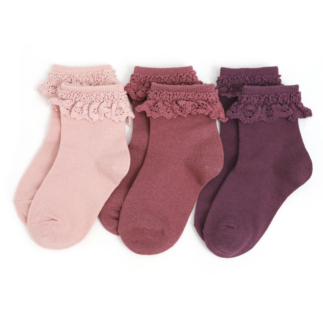 sugar plum lace trimmed midi socks in ballet pink, mauve and plum