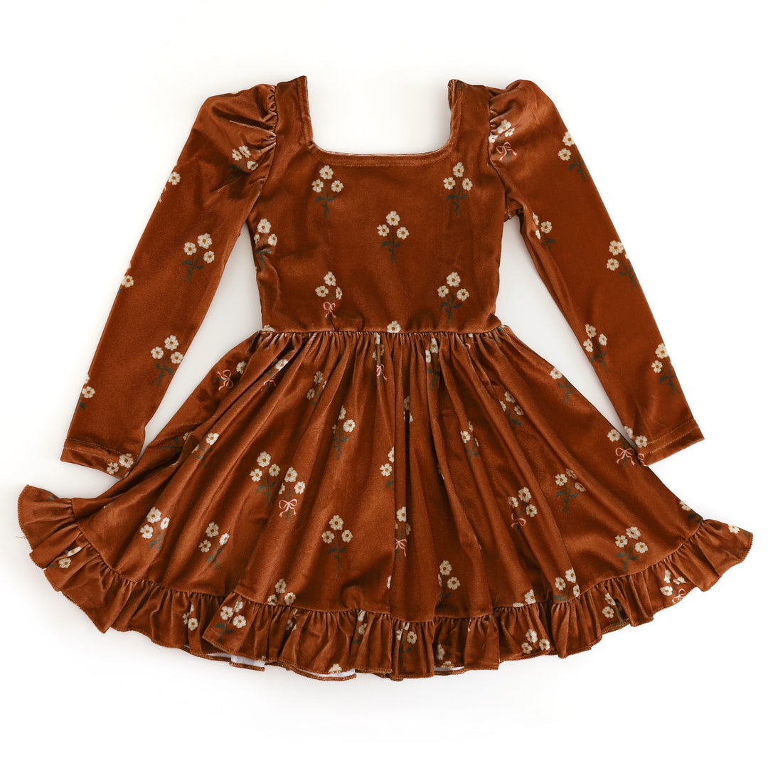 girls' long sleeve velvet square neck twirl dress in brown with cream flower print for fall 