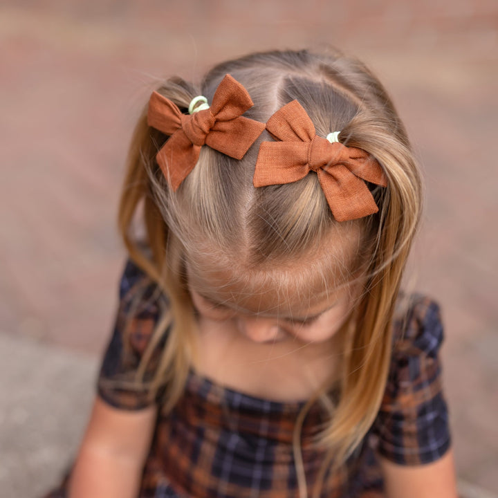 girls light brown linen pigtail bows on clips with matching fall plaid dress