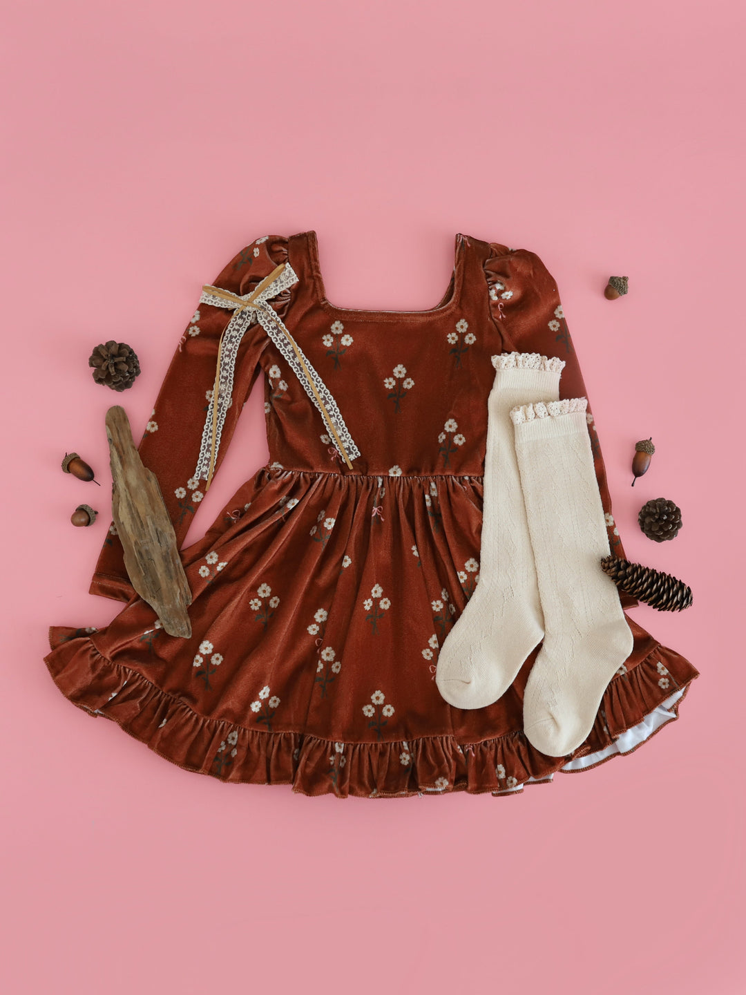 girls' brown floral velvet long sleeve twirl dress paired with light cream open knit lace top knee socks and lace ribbon bow for fall