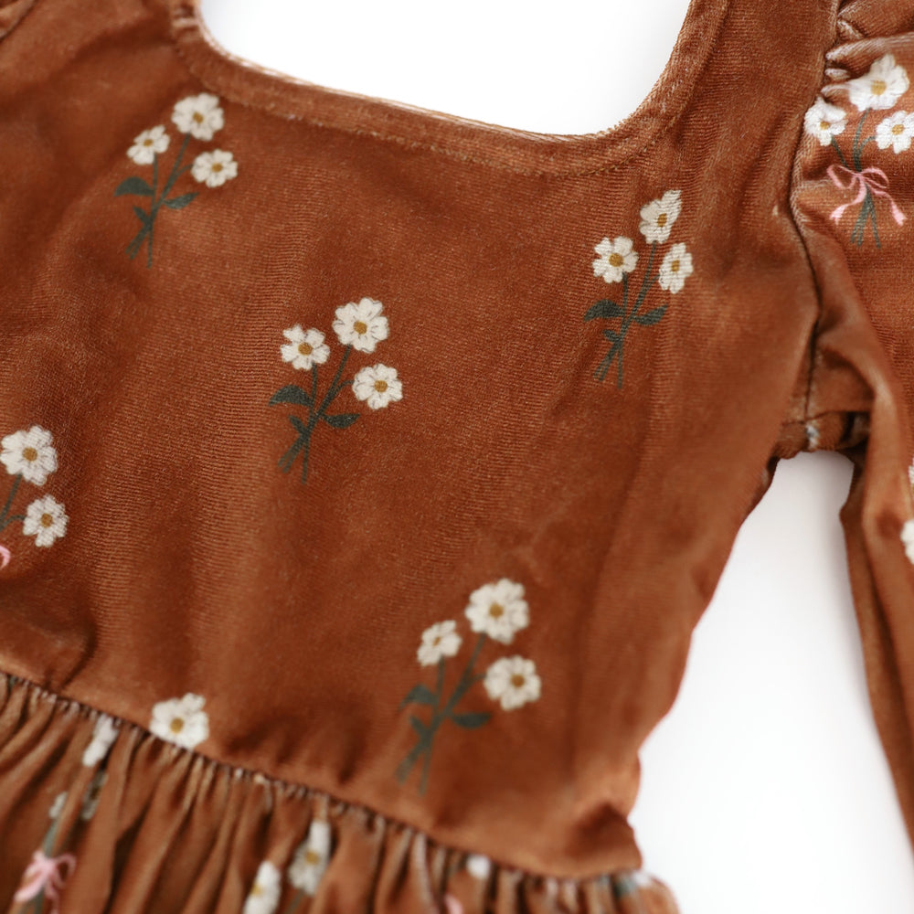 close-up of girls' brown velvet twirl dress with petite cream flower bouquet print for fall