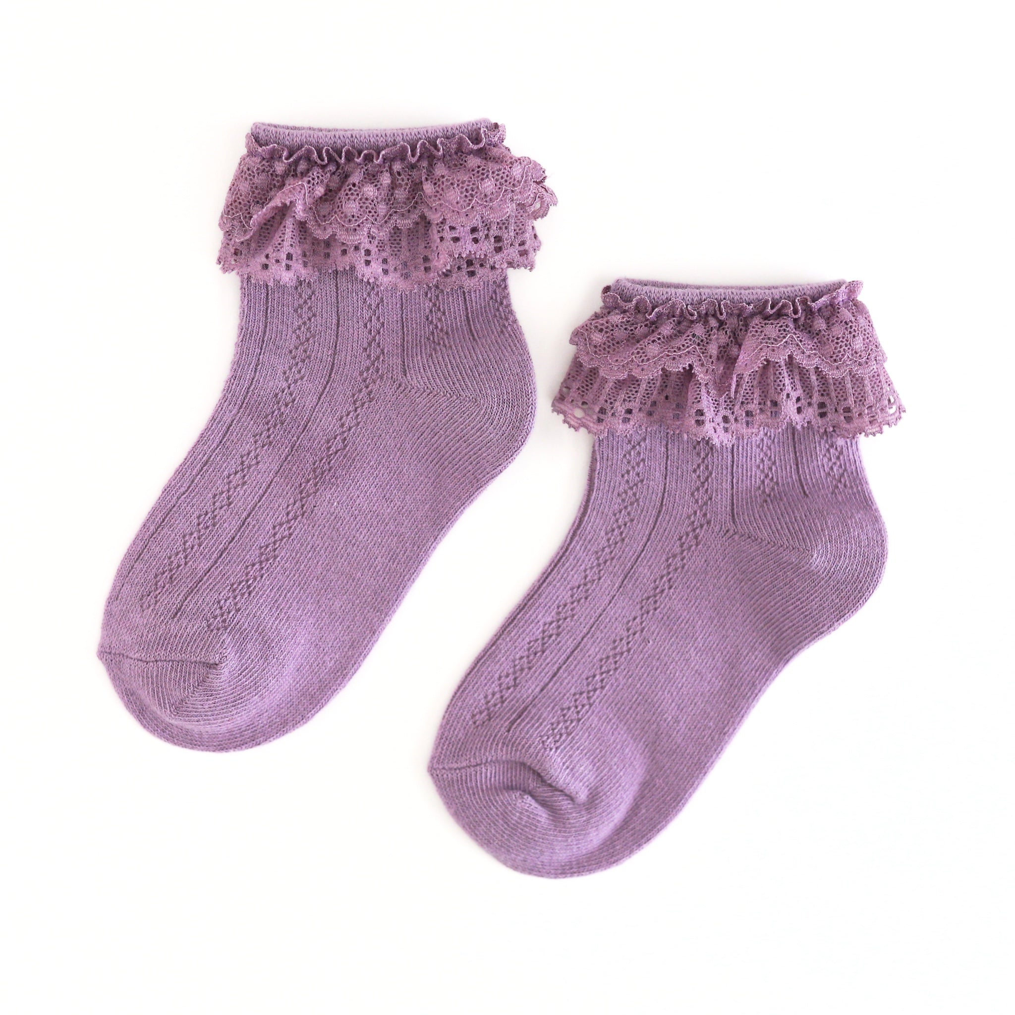 girls' fall purple pointelle ankle socks with lace trim