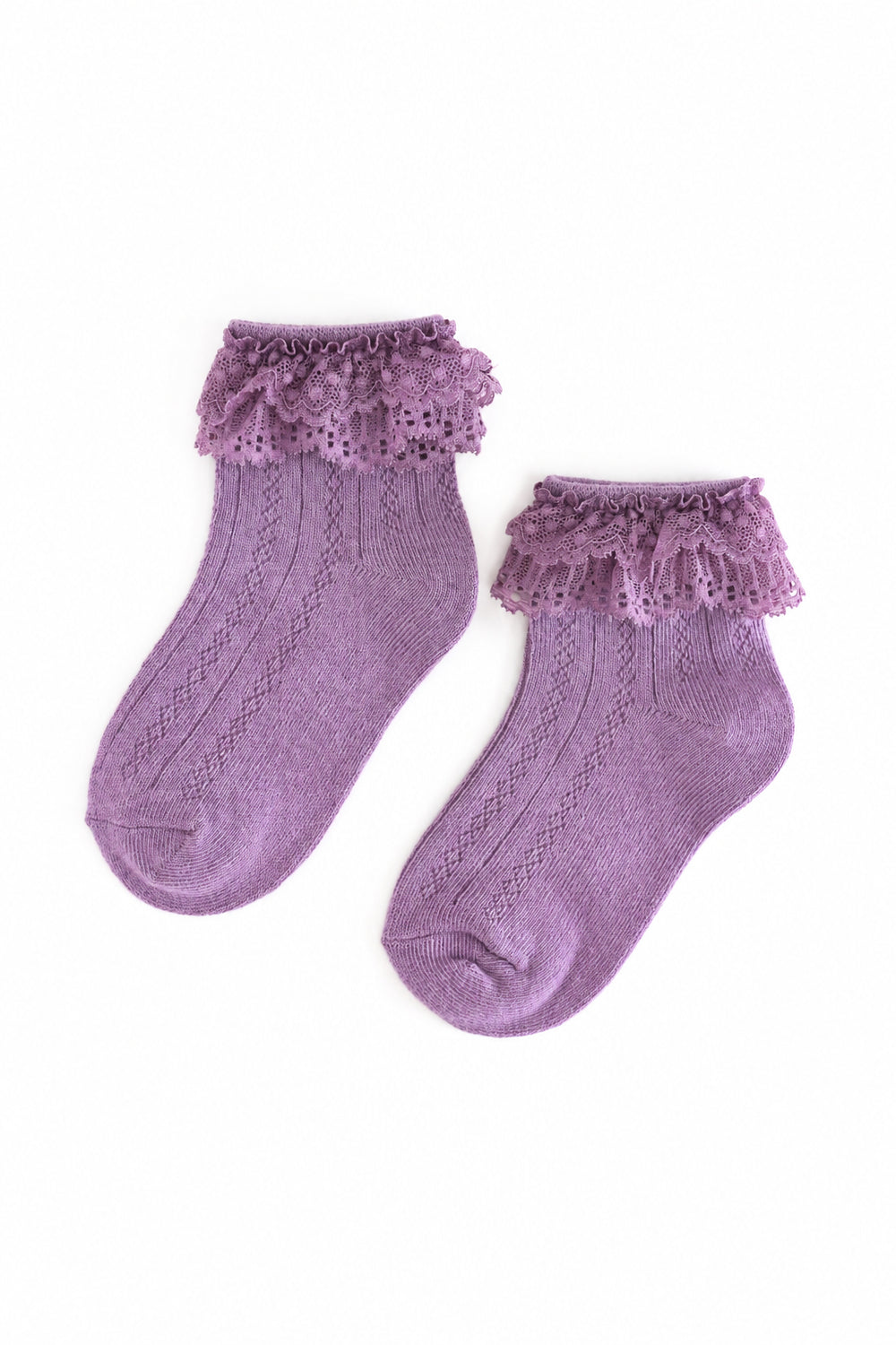 girls' fall purple pointelle ankle socks with lace trim
