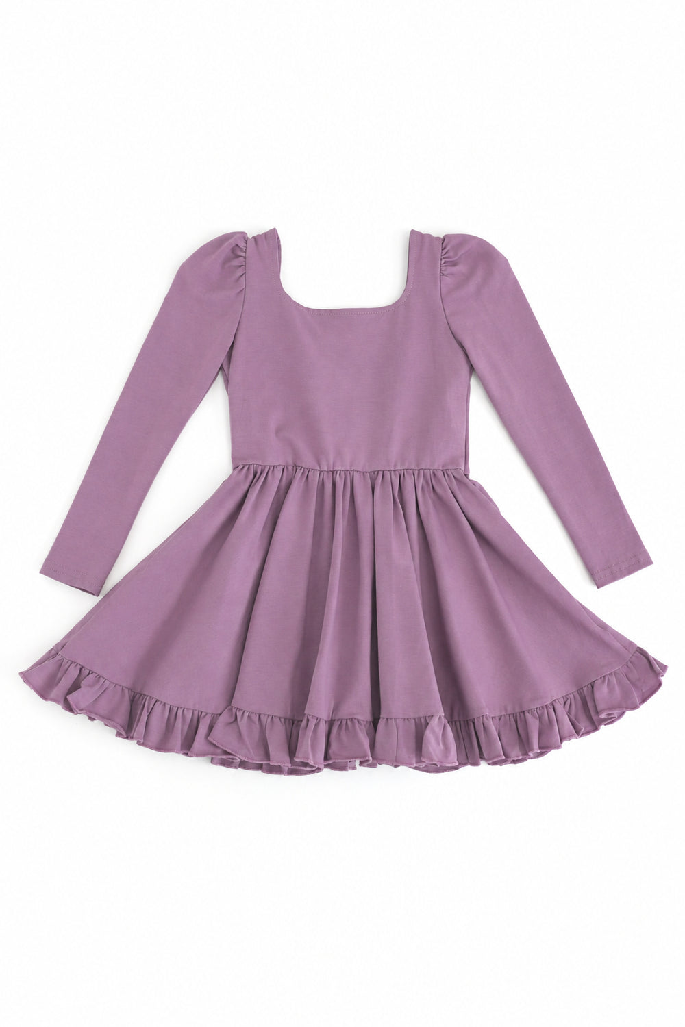 girls solid fall purple cotton blend twirl dress featuring puffed long sleeves, square neckline and ruffled hem