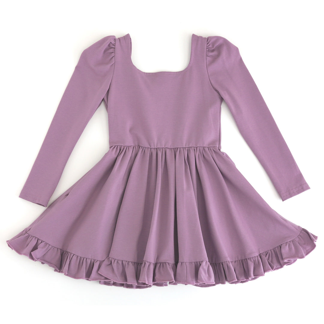 girls solid fall purple cotton blend twirl dress featuring puffed long sleeves, square neckline and ruffled hem