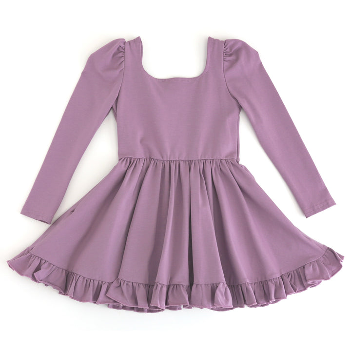 girls solid fall purple cotton blend twirl dress featuring puffed long sleeves, square neckline and ruffled hem