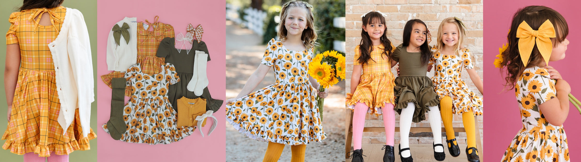 collage of girls in yellow, and olive and sunflower themed outfits