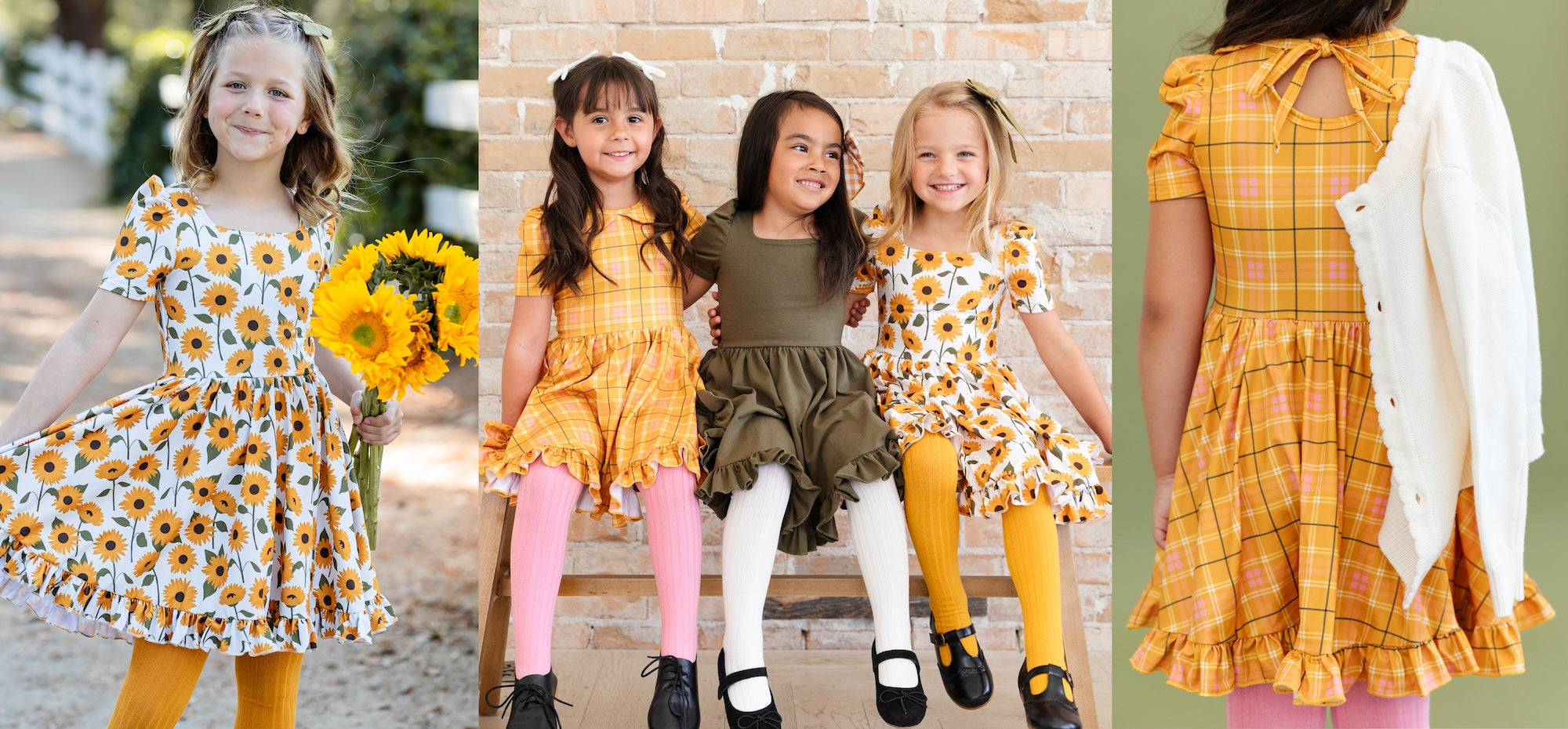 collage of girls in yellow, and olive and sunflower themed outfits