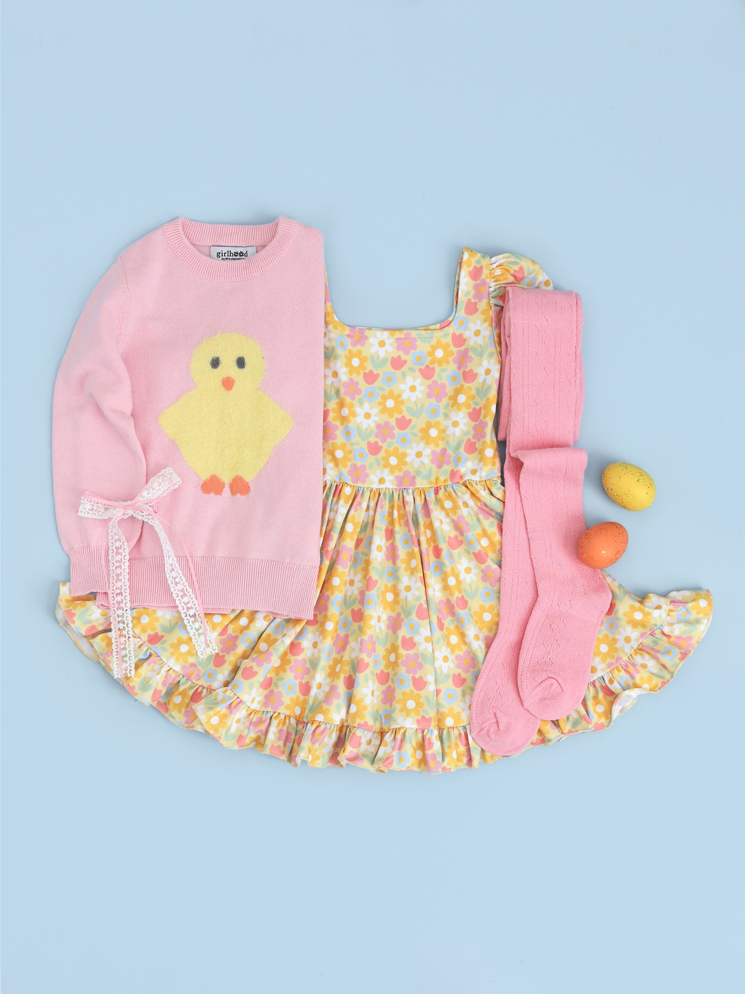 little girls spring outfit with pastel yellow square neck twirl dress with blossom pink sweater with yellow fuzzy chick and matching fancy knit tights