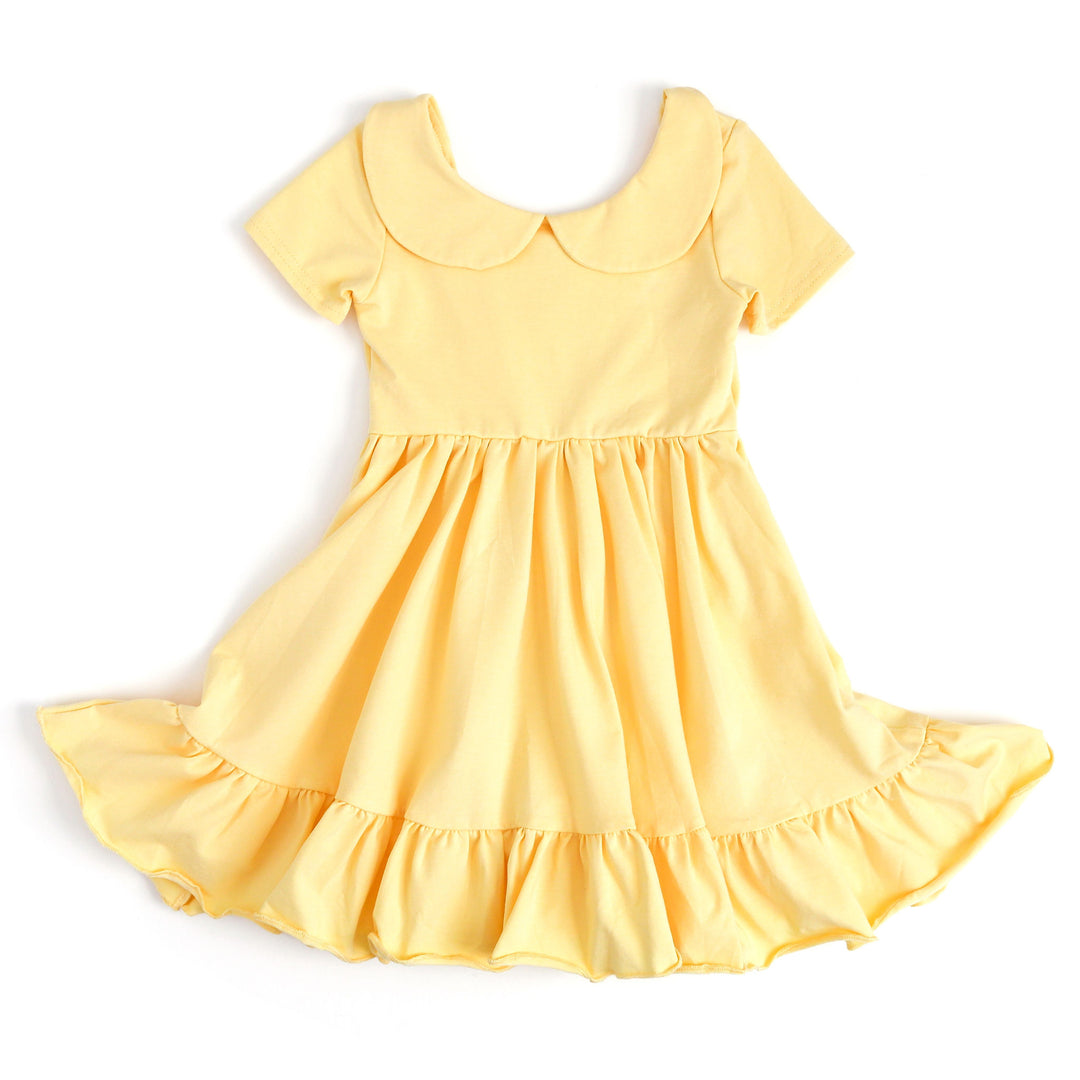 sunshine yellow girls cotton twirl dress with peter pan collar and pockets