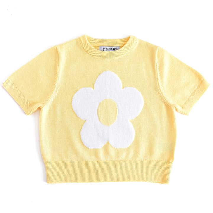 girls' pastel yellow short sleeve cotton knit sweater with large white flower design for spring