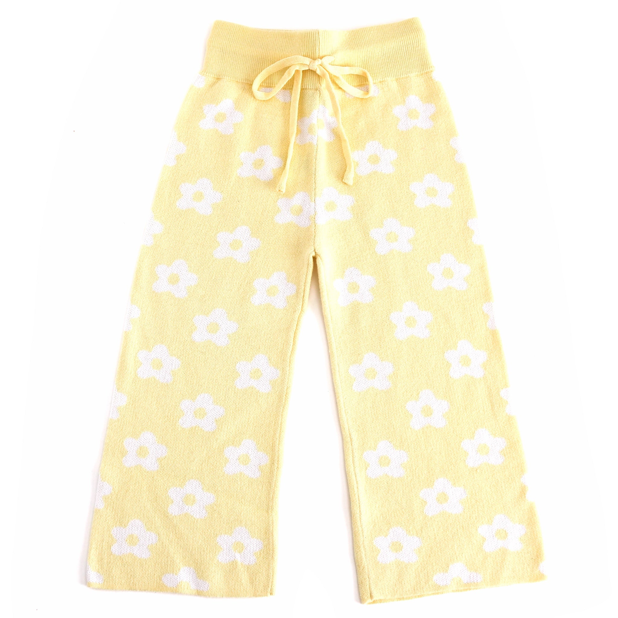 girls' pastel yellow cotton knit sweater pants with drawstring and all-over white flower print