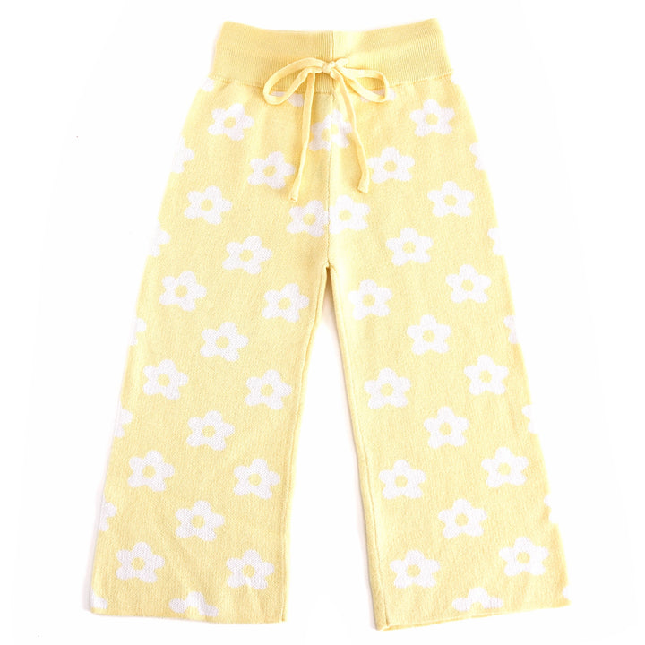 girls' pastel yellow cotton knit sweater pants with drawstring and all-over white flower print